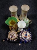 A tray of antique and later tea china to include Imari pattern teapots, Crown Devon Fieldings vases,