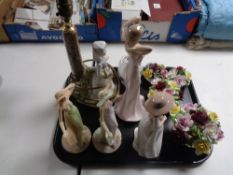 A tray containing china flower posies, Aynsley lidded vase,