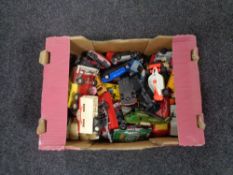 A box of 20th century and later play worn die cast vehicles to include Matchbox, Maisto,