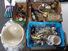 Two boxes of miscellania to include a Victorian silver overlay twin-handled plate,