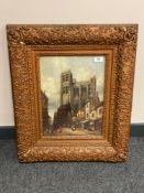 Henry Thomas Schafer (1854-1915) : Figures in a Busy Street with Cathedral Beyond, oil on canvas,