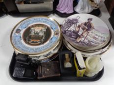 A tray of a quantity of assorted plates relating to mining, mobile phone, gent's wristwatch,