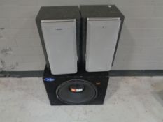 A pair of Sony hifi speakers together with a JBL 1000 watt PA speaker