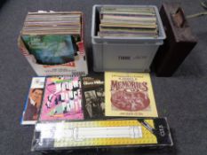 Two boxes and a case containing vinyl LPs to include classical, Bay City Rollers compilations,