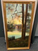 Twentieth Century School : Lake Scene with Fortified Dwelling Beyond, oil on canvas,