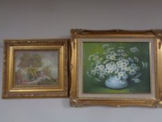 A B Groneman oil on board of a figure by a rural dwelling together with a further oil on canvas