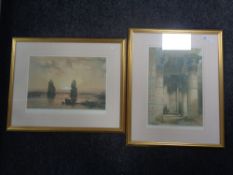 Two David Roberts prints, View under the Grand Portico and Statues of the Memnon at Thebes.