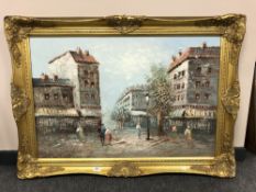 Continental school : Figures in a Parisian street, oil on canvas, 90 x 60 cm, signed Hormis, framed.