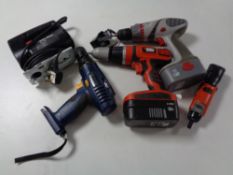 A wooden crate containing a small quantity of power tools to include Black and Decker drill,