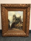 Henry Thomas Schafer (1854-1915) : Figures in a Busy Street with Cathedral Beyond, oil on canvas,