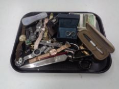 A tray containing miscellaneous to include dressmaker's scissors, assorted watches, silver rings,