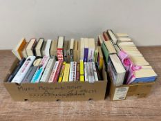 Two boxes containing hardback and paperback volumes to include novels, autobiographies etc.