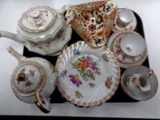 A tray containing antique and later china to include Dresden seven piece Tea for One,