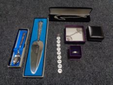 A tray containing a collection of silver jewellery to include enamelled bracelet,