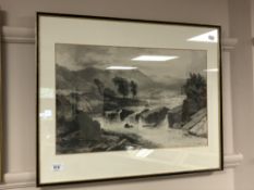 A monochrome print depicting a moorland, 50 x 32 cm, framed.