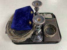 A tray of a quantity of 20th century plated wares to include swing handled basket, wine coaster,