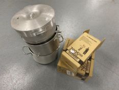 Three Kimberly-Clark dispensers together with a small quantity of aluminium cooking pots.