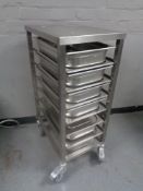 A stainless steel commercial Bain Marie trolley with Bain Marie trays, height 104 cm.