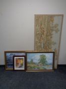 A large tapestry depicting figures in a garden together with three further framed prints