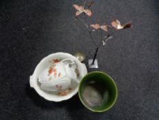 A box containing an antique transfer printed wash jug and basin, glazed pottery jardiniere,