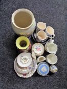 A tray containing miscellaneous china to include Royal Doulton and Royal Winton vases,
