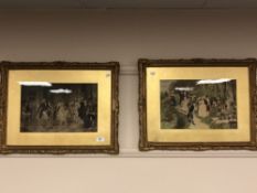 A pair of antique colour prints depicting a salon interior and a picnic, 37 x 24 cm,