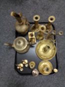 A box of antique and later brass - candlesticks, plated teapot,
