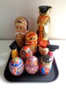 A tray of plastic bust of a lady, metal egg gift boxes,