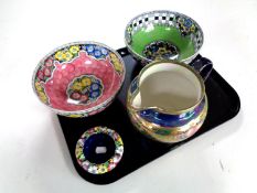 A tray containing four pieces of Maling to include a lustre jug depicting fruit,