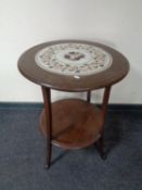 A 20th century beech two tier coffee table with pietra dura inset panel