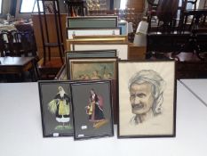 A box of assorted framed pictures and prints to include framed map of Wales,