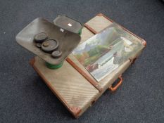 A 20th century luggage case together with a set of vintage kitchen scales and weights,
