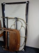 A 4' brass and cast iron bed frame together with a set of 1930's oak 3' bed ends with metal box