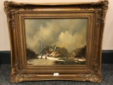 B Nieman : A figure skating on a frozen river, oil on panel, 28 x 23 cm, signed, framed.