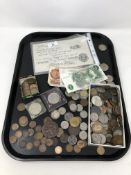 A copy of a Bank of England £50 note dated 1936, together with antique and later coins,