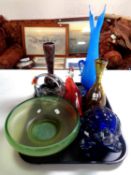 A tray of 20th century glass ware to include mid 20th century vases with silver plated inlay,