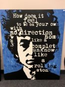 Jacquie Boyd (British, Born 1965) : Bob Dylan, acrylic on canvas, signed verso and dated 06,