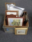 A box of assorted framed pictures and prints to include oil painting of King Edward's Bay with
