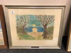 Marius Rasmussen : Sunset by trees, watercolour, 40 x 30 cm, framed.