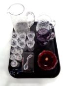 A tray of assorted glass ware to include a Wedgwood silver jubilee tankard, a glass water jug,