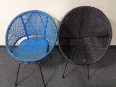 Two 1970's woven plastic tub chairs on metal legs.