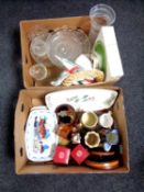 Two boxes of miscellaneous china and glass ware, place mats,