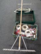 A box of electrical cabling and sockets, universal charger, rake,