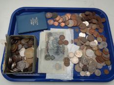 A tray of pre decimal and decimal British coins - Victorian pennies, foreign coins, bank notes,