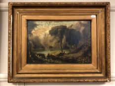 19th century school : Figures by a lake, oil on panel, 36 x 24 cm, framed.