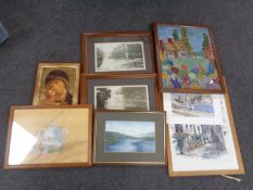 A box of assorted pictures to include a 20th century oak framed tapestry of a cottage,