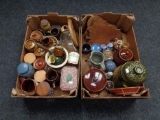 Two boxes containing 20th century pottery storage jars, Rumtopf West German vase,