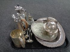 A tray containing plated wares to include coffee pots, tankard, serving trays etc.
