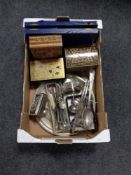 A box of cased and uncased cutlery, plated cruet set, plated tray,