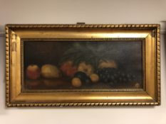 Continental school : Still life with fruit, oil on canvas, 44 x 18 cm, framed.